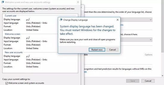 click restart - how to change language in windows 10