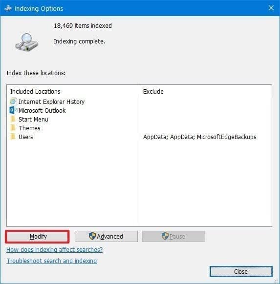 Modify indexing options - How To Improve PC Performance in Windows 10
